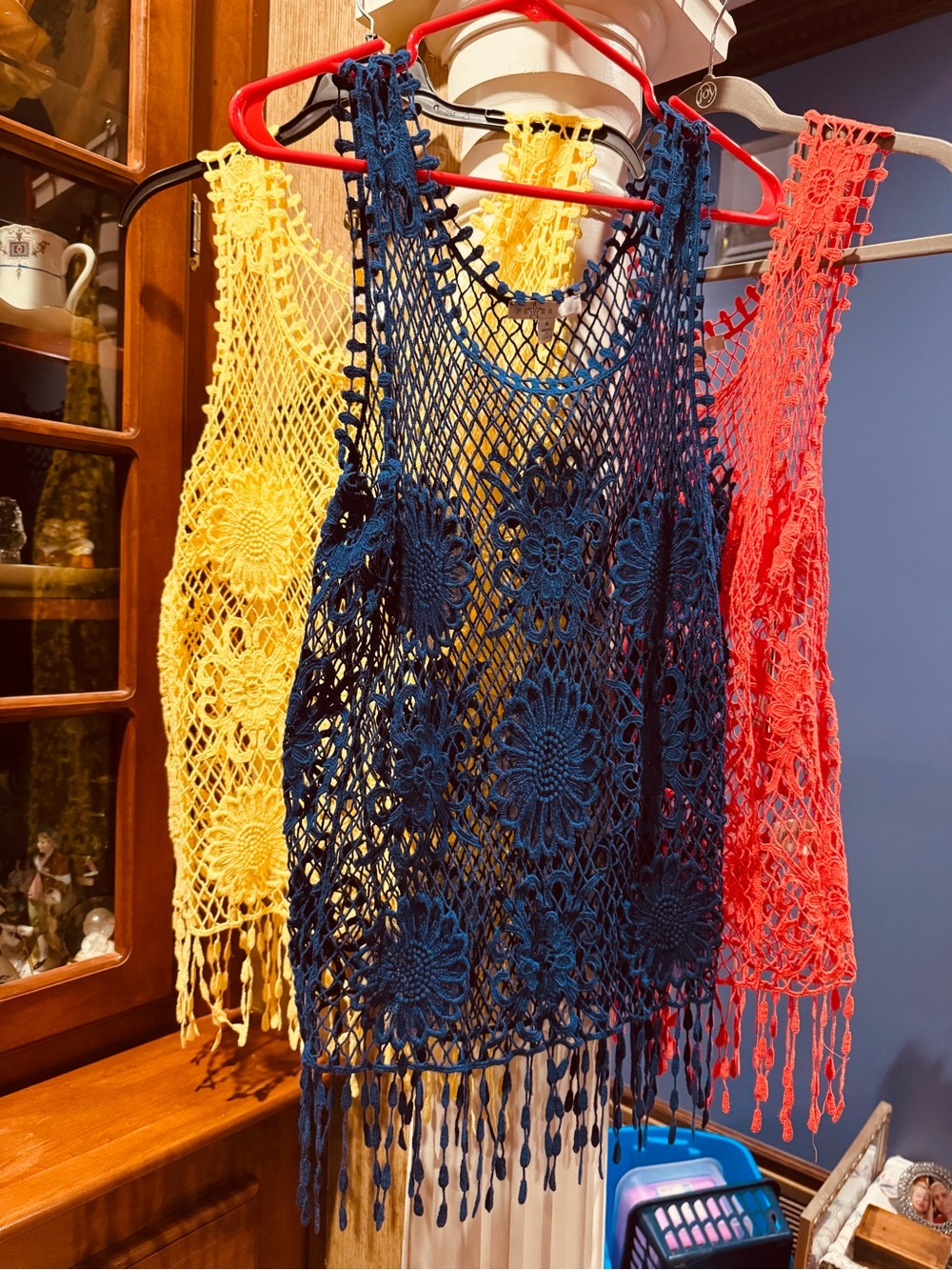 3 Fever Crochet Fringe Tunics in Navy, Bright Yellow & Coral